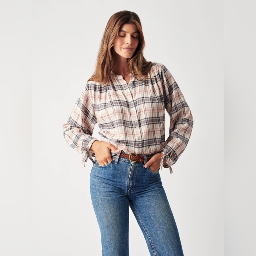Faherty Plaid Button Down Top With Tie Sleeve Detail Size Small